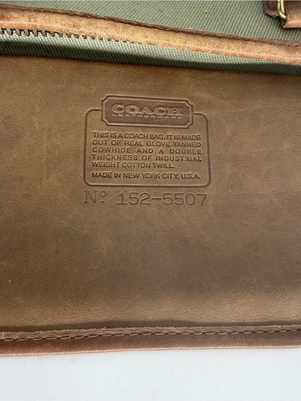 Coach Vintage Olive Canvas Twill Slim Satchel with Brown Leather Trim